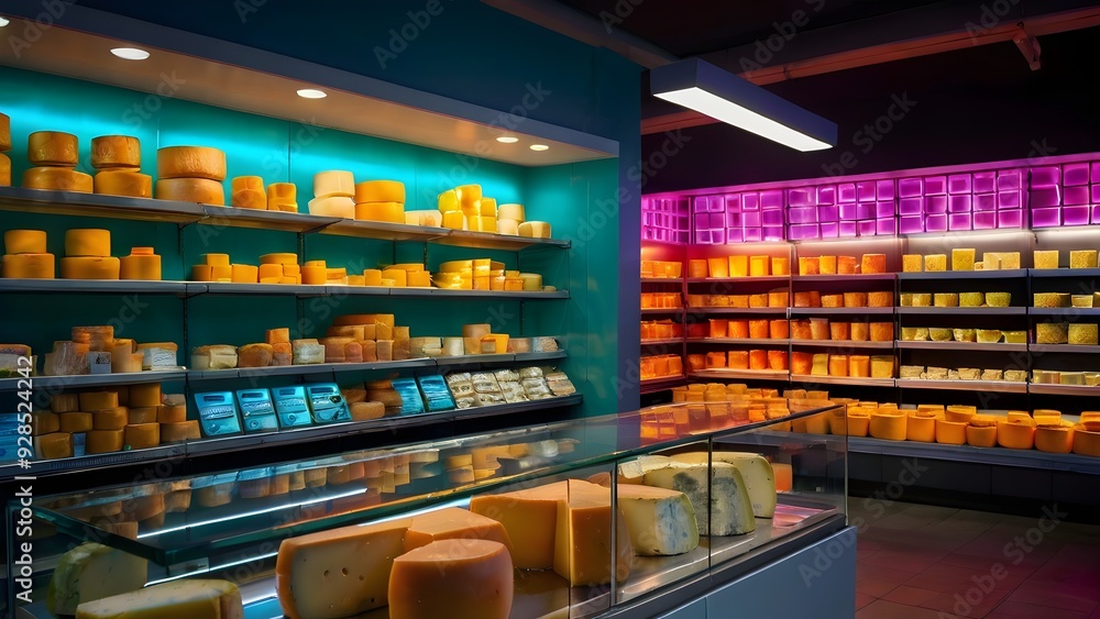 A modern supermarket cheese display at night, A modern supermarket cheese display at night,