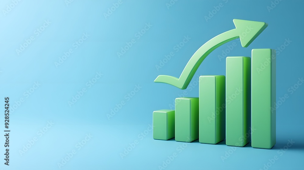 Green bar chart with an upward arrow on a blue background indicating growth, success, and positive business trends. Green bar chart with an upward arrow on a blue background indicating growth, success, and positive business trends.