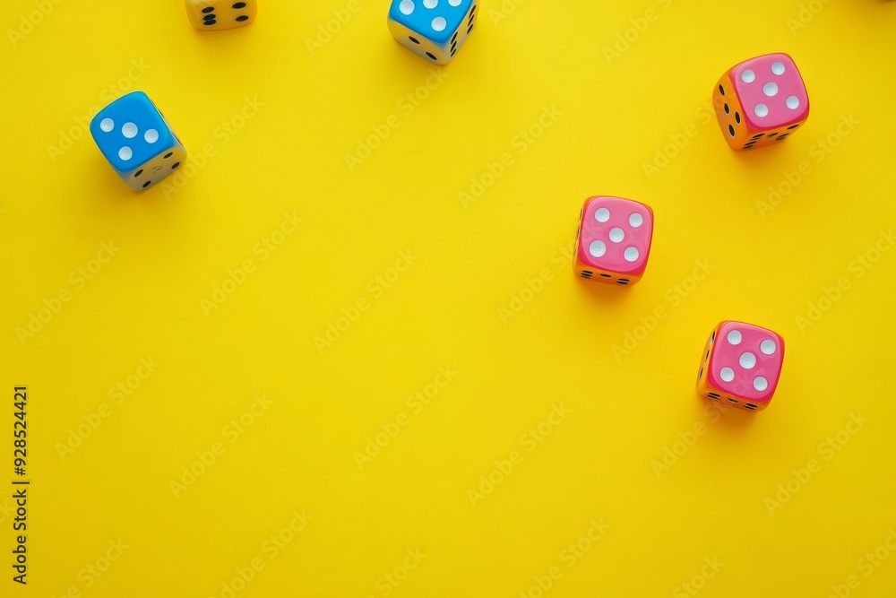Yellow background with colorful dice pieces Yellow background with colorful dice pieces