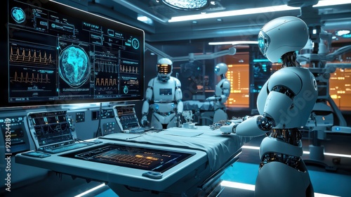 A futuristic hospital room with AI-powered robots assisting doctors during surgery, with real-time data displayed on monitors, showcasing the integration of AI and machine learning in the medical