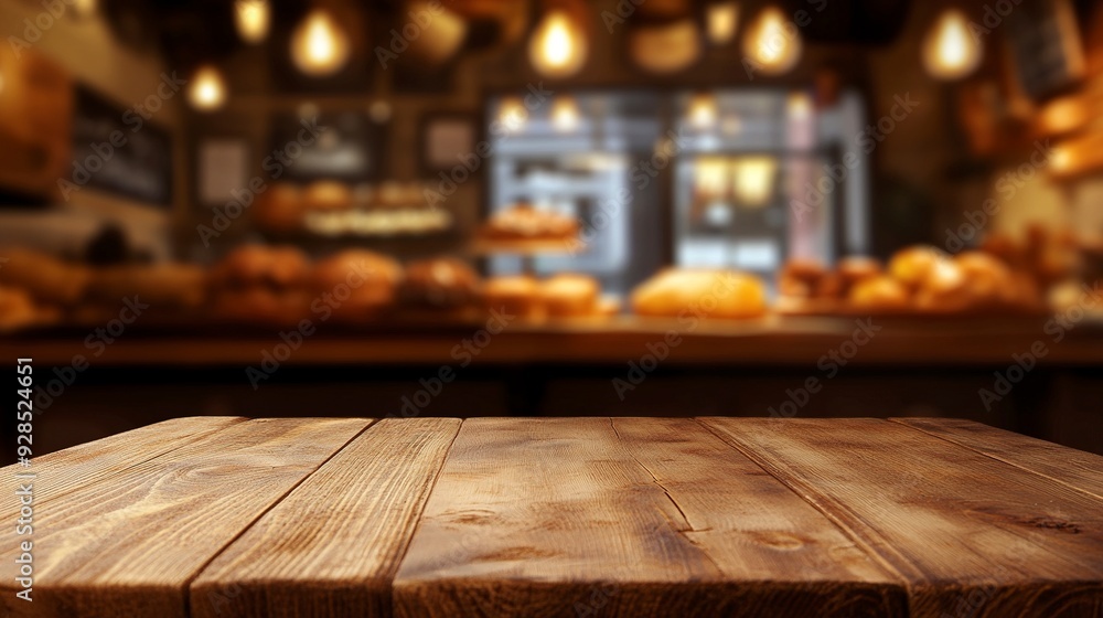 Wooden board empty table background. abstract blurred bakery shop background. Generative ai Wooden board empty table background. abstract blurred bakery shop background. Generative ai