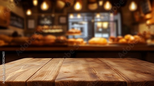 Wooden board empty table background. abstract blurred bakery shop background. Generative ai