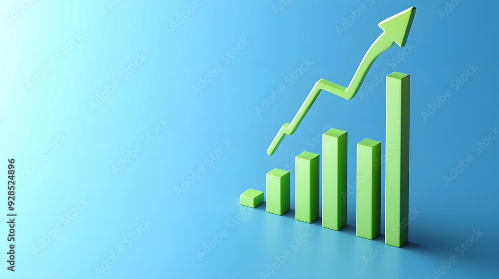 Green bar chart with rising arrow on blue background representing business growth, progress, and financial success. Green bar chart with rising arrow on blue background representing business growth, progress, and financial success.