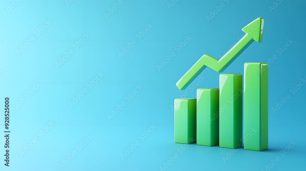 Green bar chart with rising arrow representing business growth and success on a blue background.