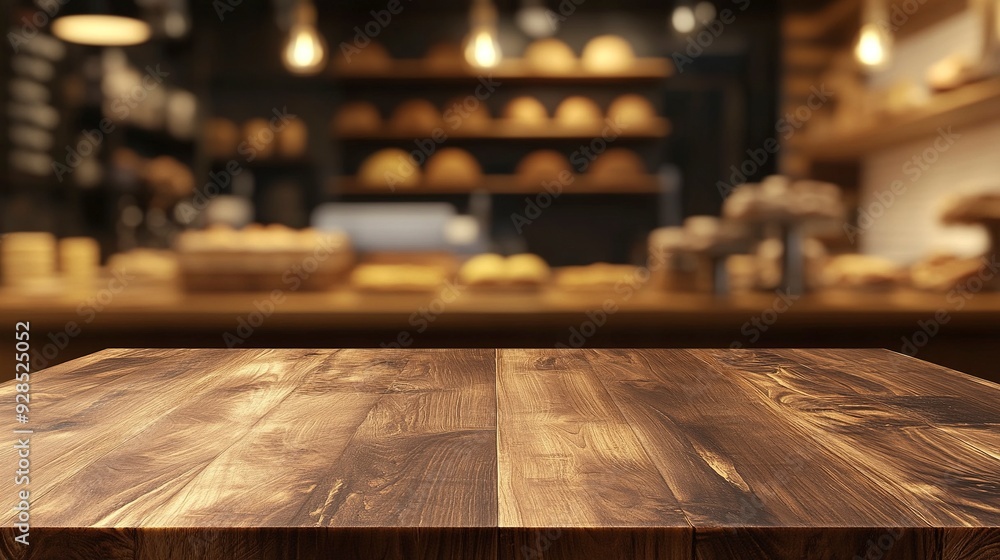 Wooden board empty table background. abstract blurred bakery shop background. Generative ai Wooden board empty table background. abstract blurred bakery shop background. Generative ai