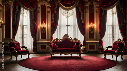 A red chair with a gold frame and red curtains with candles on it.