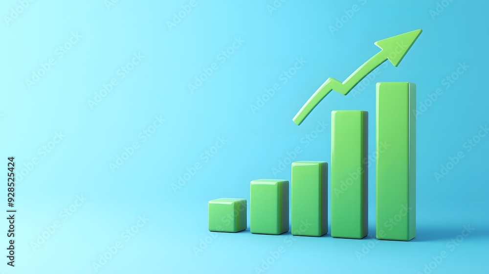 Green bar chart with upward arrow on blue background, symbolizing business growth, success, and positive trends. Green bar chart with upward arrow on blue background, symbolizing business growth, success, and positive trends.