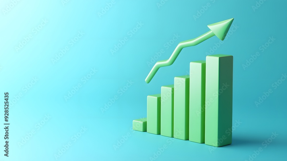 Green bar chart with upward arrow on blue background depicting growth, success, and positive financial trend, suitable for business presentations. Green bar chart with upward arrow on blue background depicting growth, success, and positive financial trend, suitable for business presentations.