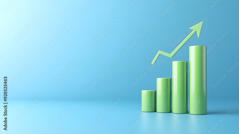 Green bar chart with upward arrow on blue background. Concept of business growth, success, and positive financial performance. Green bar chart with upward arrow on blue background. Concept of business growth, success, and positive financial performance.