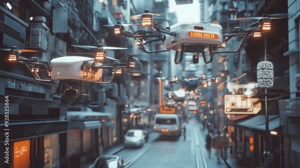 Two futuristic drones fly over a city street with cars and pedestrians passing by. Two futuristic drones fly over a city street with cars and pedestrians passing by.