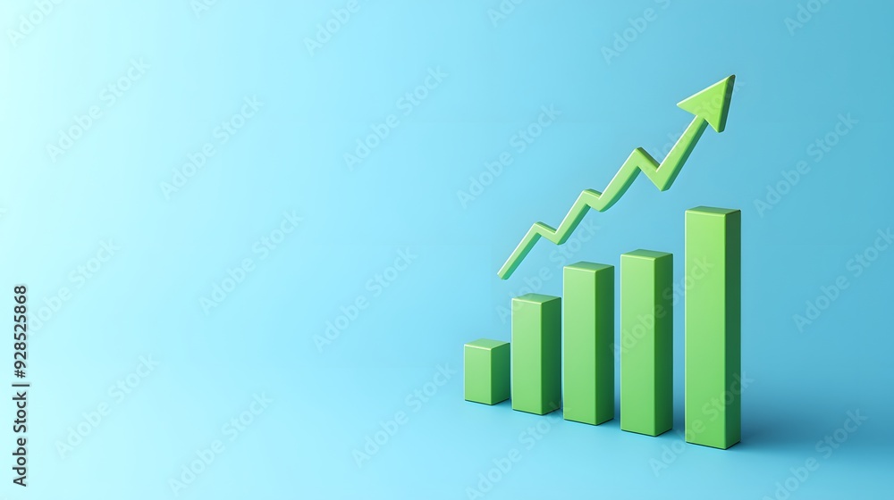Green bar chart with upward arrow on blue background representing ...