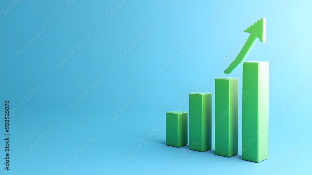 Green bar chart with upward arrow on blue background representing growth, progress, and success in business and finance. Green bar chart with upward arrow on blue background representing growth, progress, and success in business and finance.