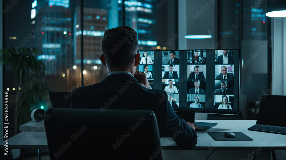 a businessman participating in a video conference, with a sleek computer setup, a well-organized desk, and professional office decor. The screen shows multiple participants in a virtual meeting a businessman participating in a video conference, with a sleek computer setup, a well-organized desk, and professional office decor. The screen shows multiple participants in a virtual meeting