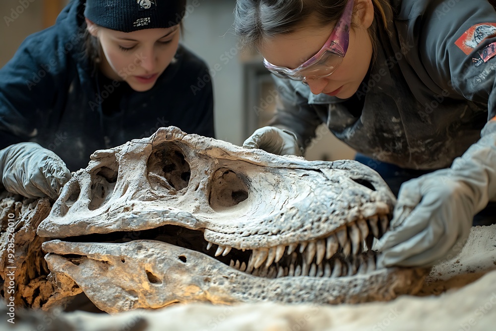 archaeologists cleaning dust of dinosur archaeologists cleaning dust of dinosur