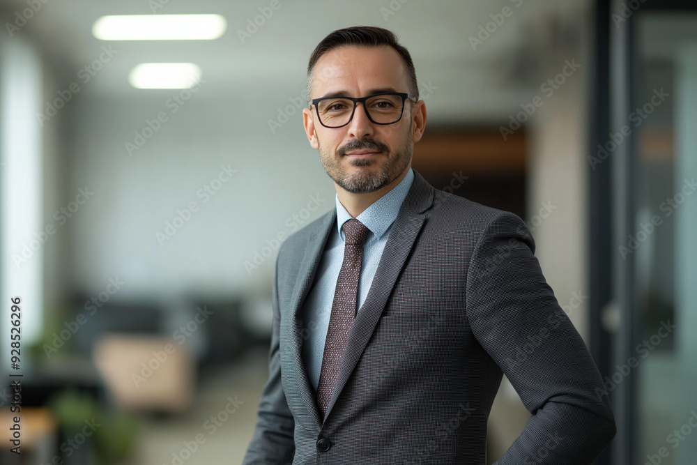 Obraz premium Confident middle-aged businessman wearing glasses and a suit, standing in a modern office environment, exuding professionalism and leadership