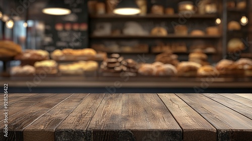 Wooden board empty table background. abstract blurred bakery shop background. Generative ai