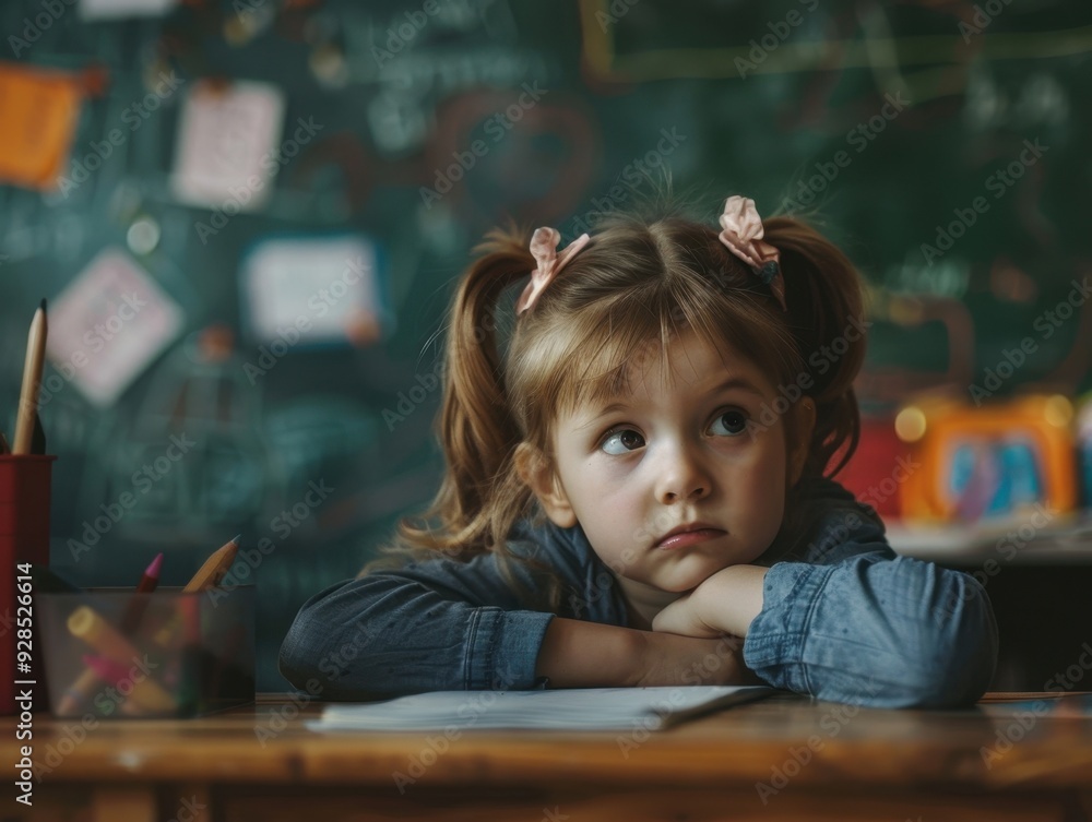 Young girl with ponytails resting her head on folded arms in a classroom setting filled with colorful learning materials Young girl with ponytails resting her head on folded arms in a classroom setting filled with colorful learning materials