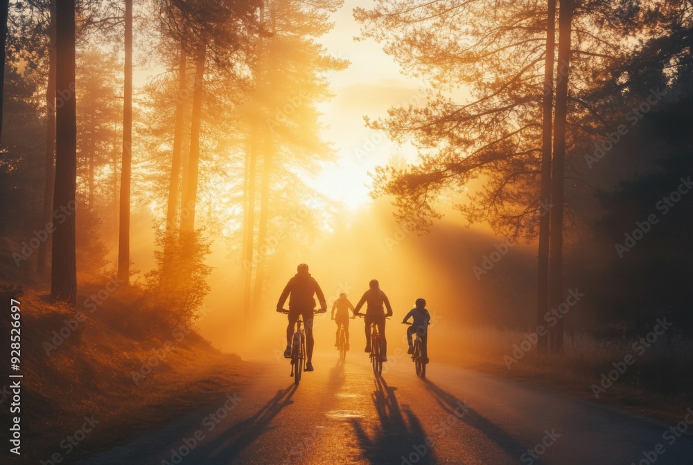 Dawn Adventure: A Family Cycling Through a Misty Forest at Sunrise, Embracing the Warmth of Nature's Light and the Spirit of Outdoor Exploration. Dawn Adventure: A Family Cycling Through a Misty Forest at Sunrise, Embracing the Warmth of Nature's Light and the Spirit of Outdoor Exploration.