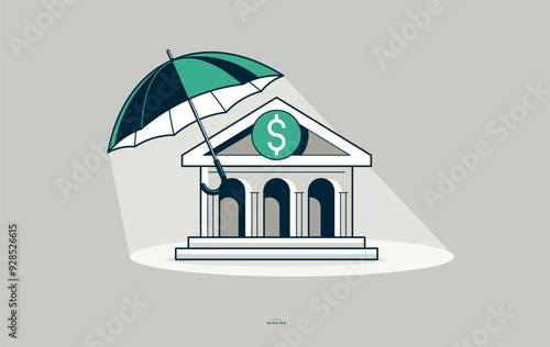 Umbrella with bank building...