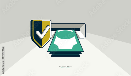 Financial fraud protection concept poster, money stack withdrawal from ATM secured by shield vector icon style illustration, safe banking, protected credit card.