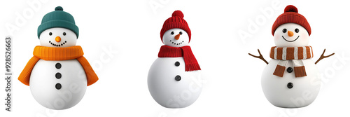 A snowman winter figure 3D illustration with scarf and hat isolated on white and transparent background