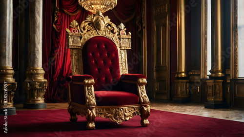 A red chair with a gold frame and red curtains with candles on it.