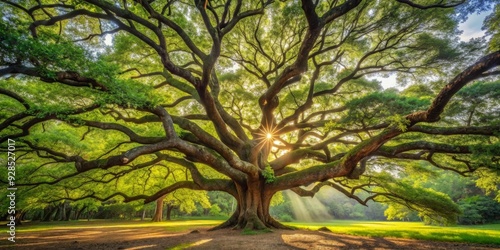 Majestic oak tree with sprawling branches in a lush forest setting