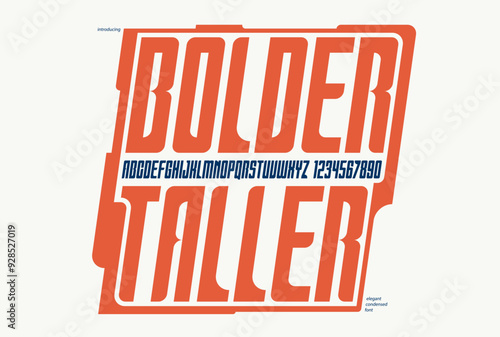 Tall and condensed italic sans serif display font for logos headers or slogans, vector thick geometric typeface, uppercase letters alphabet with numbers, poster and advertising.