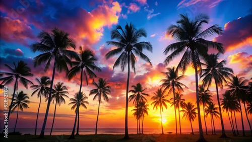 Tropical palm trees silhouette against a colorful sunrise