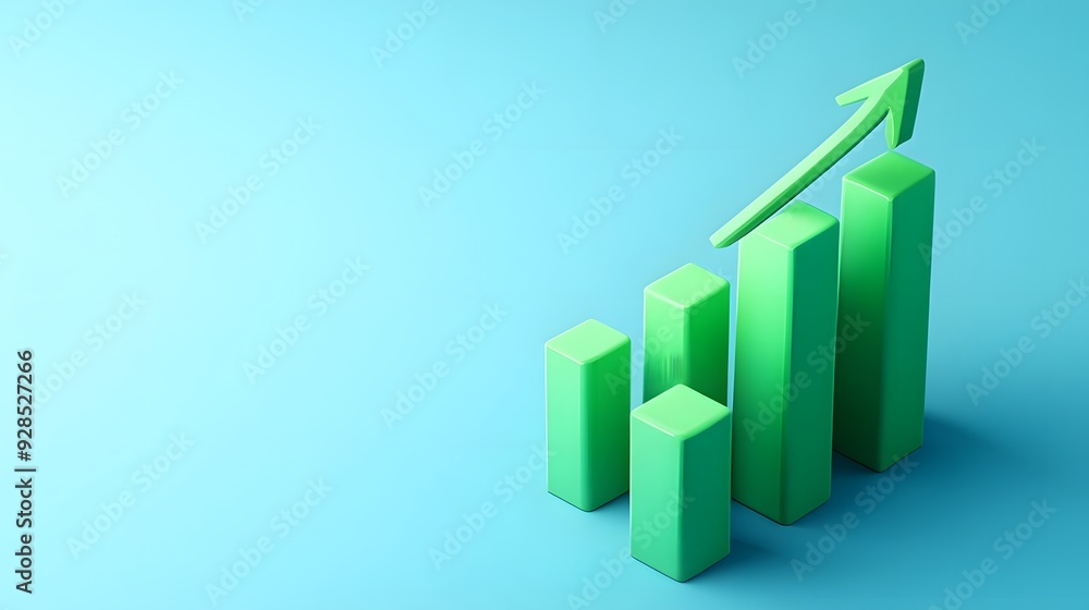 Green bar graph on blue background with upward arrow representing growth, success, and improvement in business and finance. Green bar graph on blue background with upward arrow representing growth, success, and improvement in business and finance.