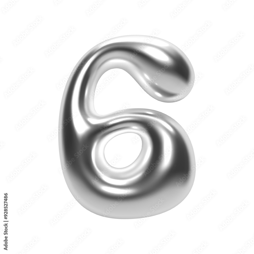 3D chrome number 6 in bubble Y2K futuristic style. Shiny silver glossy surface with inflated liquid metal form. Isolated numeral six for modern typography and trendy vector render font design 3D chrome number 6 in bubble Y2K futuristic style. Shiny silver glossy surface with inflated liquid metal form. Isolated numeral six for modern typography and trendy vector render font design