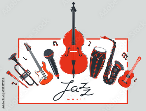 Jazz music band poster different instruments vector flat illustration, live sound festival or concert advertising flyer or banner, play different instruments orchestra.