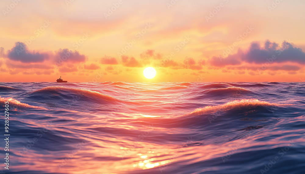 Obraz premium calming seascape with gentle waves rolling toward the shore at sunset. The sky is filled with warm hues of orange, pink, and purple, reflecting on the surface of the water
