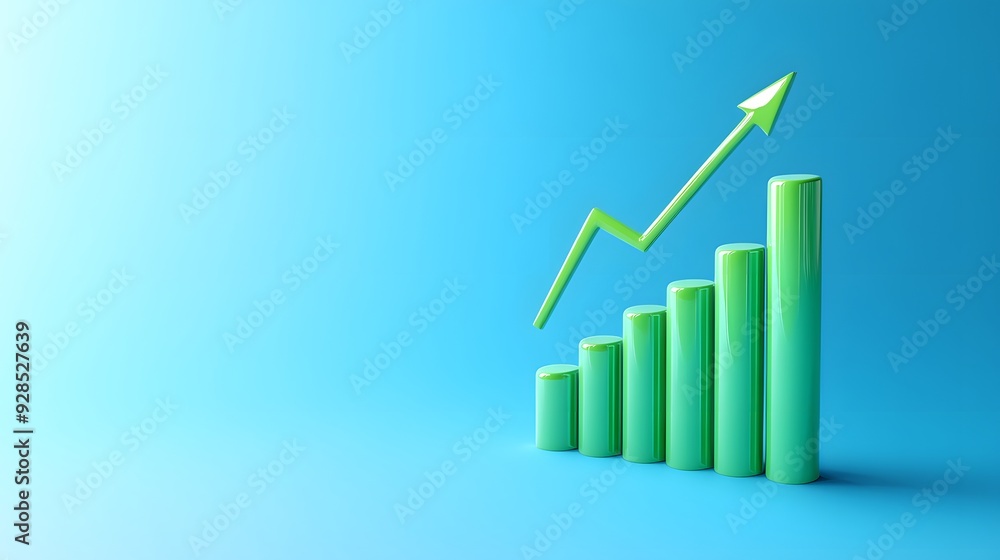 Green bar graph showing upward growth with an arrow on a blue background, representing financial success and business progress. Green bar graph showing upward growth with an arrow on a blue background, representing financial success and business progress.