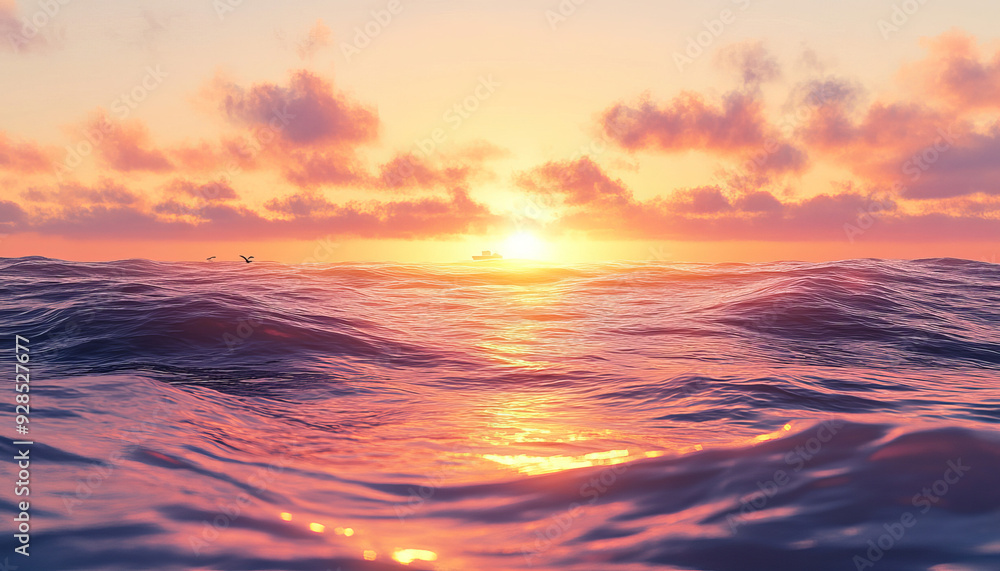 Obraz premium calming seascape with gentle waves rolling toward the shore at sunset. The sky is filled with warm hues of orange, pink, and purple, reflecting on the surface of the water