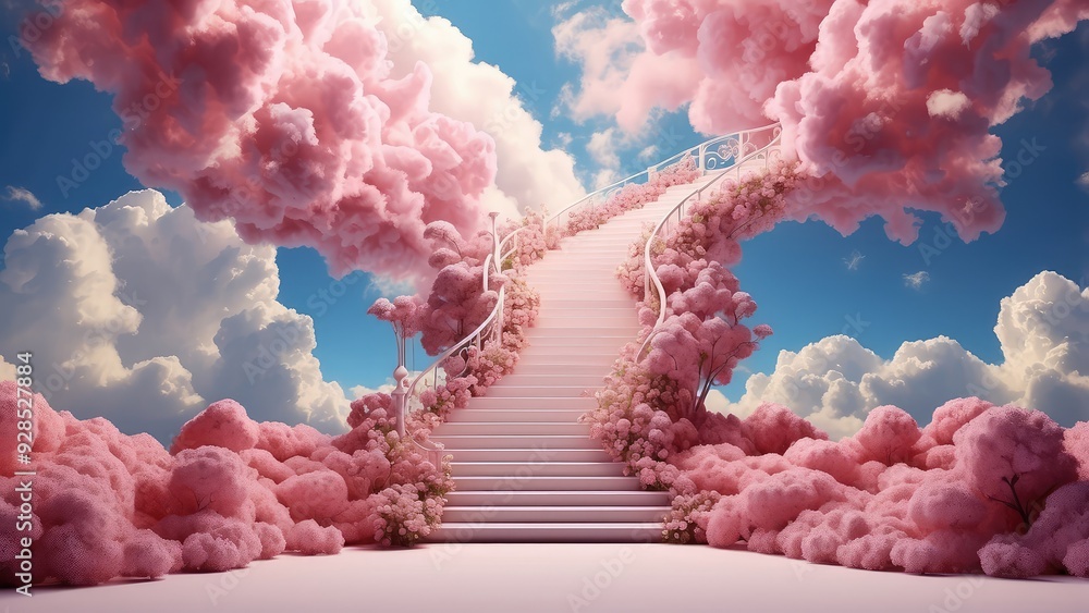 A 3D render depiction of a staircase leading to the sky and clouds. In a land of fairies, pink fantasies soaring. steps on the career ladder that lead to concepts. Come up with an innovative solution. A 3D render depiction of a staircase leading to the sky and clouds. In a land of fairies, pink fantasies soaring. steps on the career ladder that lead to concepts. Come up with an innovative solution.