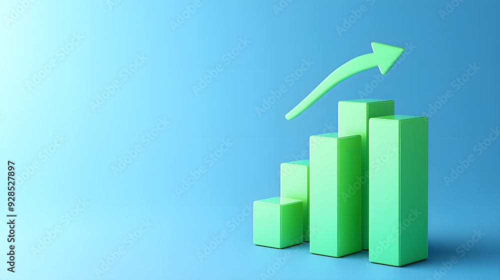 Green bar graph with an upward arrow indicating growth, success, and progress against a blue background. Green bar graph with an upward arrow indicating growth, success, and progress against a blue background.