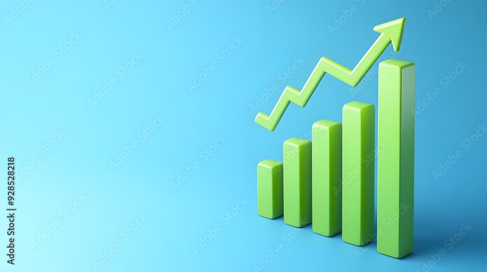 Green bar graph with an upward arrow on a blue background representing business growth and success. Green bar graph with an upward arrow on a blue background representing business growth and success.