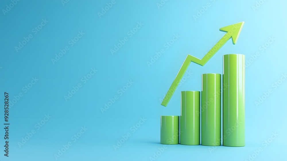 Green bar graph with an upward arrow on a blue background representing growth, success, and progress in business or financial data analysis. Green bar graph with an upward arrow on a blue background representing growth, success, and progress in business or financial data analysis.