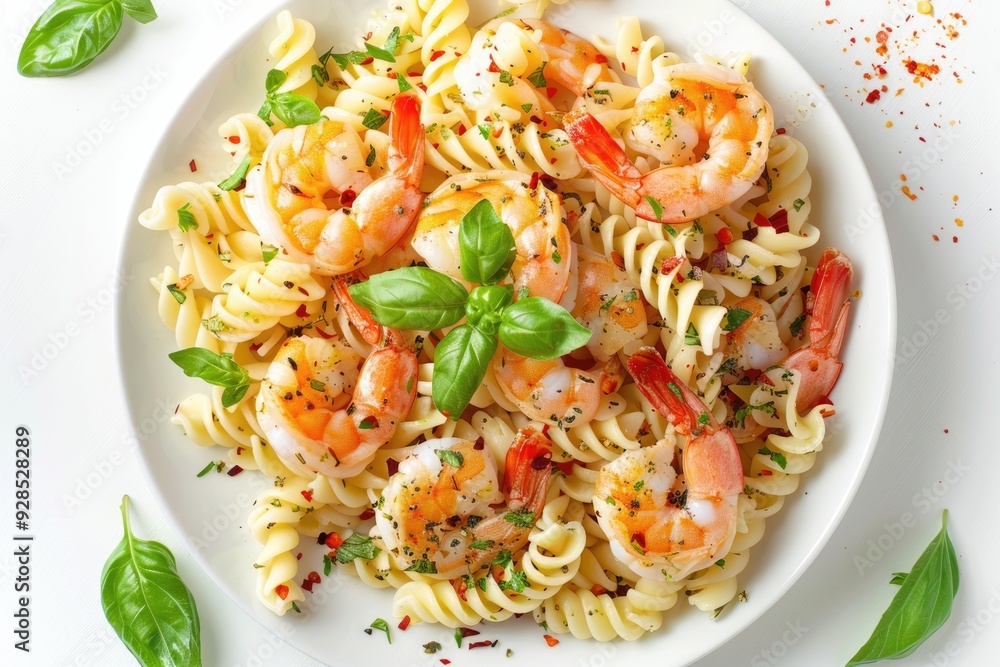 Delicious Shrimp and Tomato Pasta with Fresh Herbs on Rustic Table Delicious Shrimp and Tomato Pasta with Fresh Herbs on Rustic Table