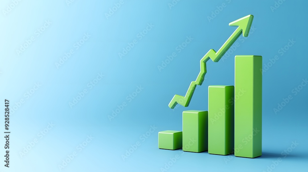 Green bar graph with an upward arrow on a blue background symbolizing financial growth, progress, and positive economy trends. Green bar graph with an upward arrow on a blue background symbolizing financial growth, progress, and positive economy trends.