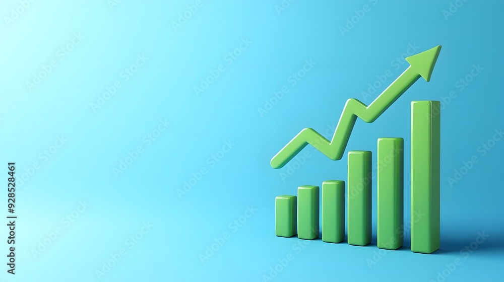 Green bar graph with an upward arrow on a blue background symbolizing growth, success, and positive trend in business or finance. Green bar graph with an upward arrow on a blue background symbolizing growth, success, and positive trend in business or finance.