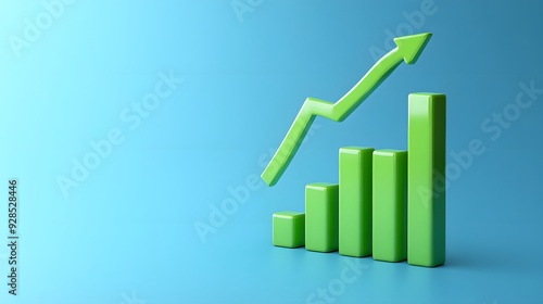Green bar graph with an upward arrow on a blue background symbolizing growth, progress, and business success. Free Download Green bar graph with an upward arrow on a blue background symbolizing growth, progress, and business success. - GFXLoad