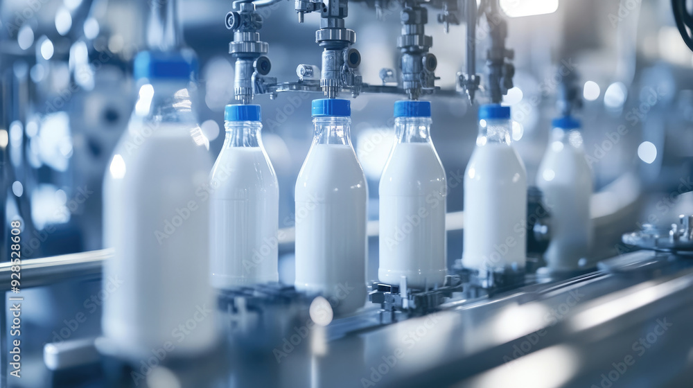A photo of milk bottles on the production line at an industrial plant A photo of milk bottles on the production line at an industrial plant