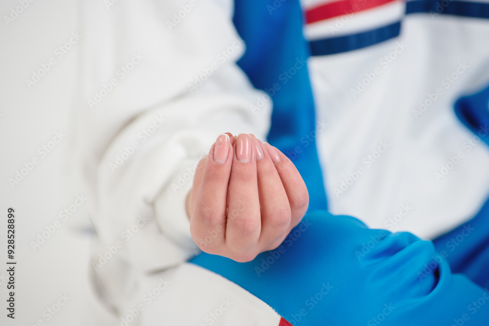 Fingers of a woman's hand are joined together for meditation. Close-up photo of the hand. Fingers of a woman's hand are joined together for meditation. Close-up photo of the hand.