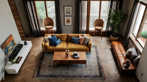 Top view of living room interior with empty space on drawer and sofa.