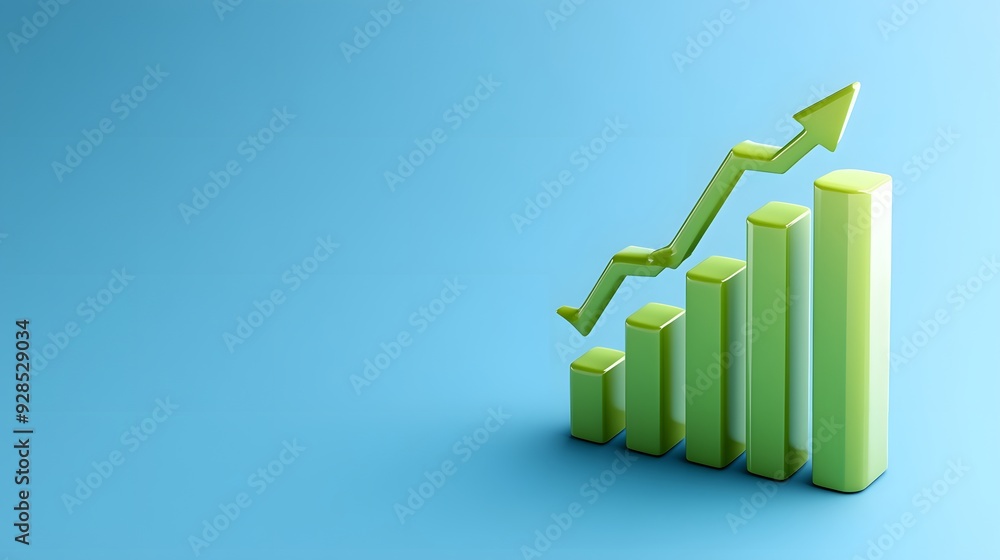 Green bar graph with arrow, increasing trend on blue background. Business growth and financial success concept. Green bar graph with arrow, increasing trend on blue background. Business growth and financial success concept.