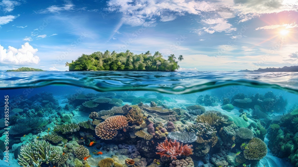 A tropical island with a vibrant coral reef underneath the clear blue water. A tropical island with a vibrant coral reef underneath the clear blue water.