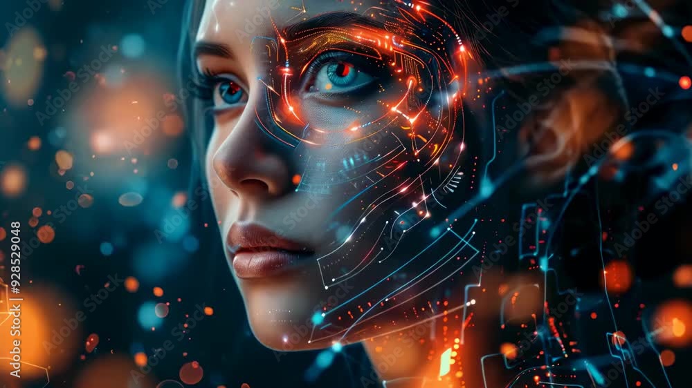 A young woman with blue eyes is depicted with a glowing neon cybernetic facial overlay. Set against a dark, blurred background, the image creates a futuristic and technological atmosphere. A young woman with blue eyes is depicted with a glowing neon cybernetic facial overlay. Set against a dark, blurred background, the image creates a futuristic and technological atmosphere.
