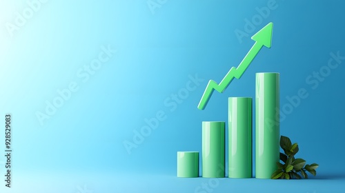 Green bar graph with arrow showing growth and success on a blue background, concept of business progress and financial success.